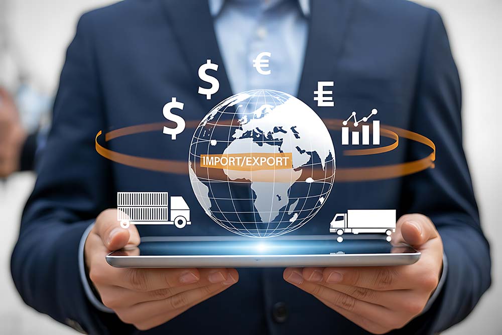 Businessman holding a tablet with finance icons