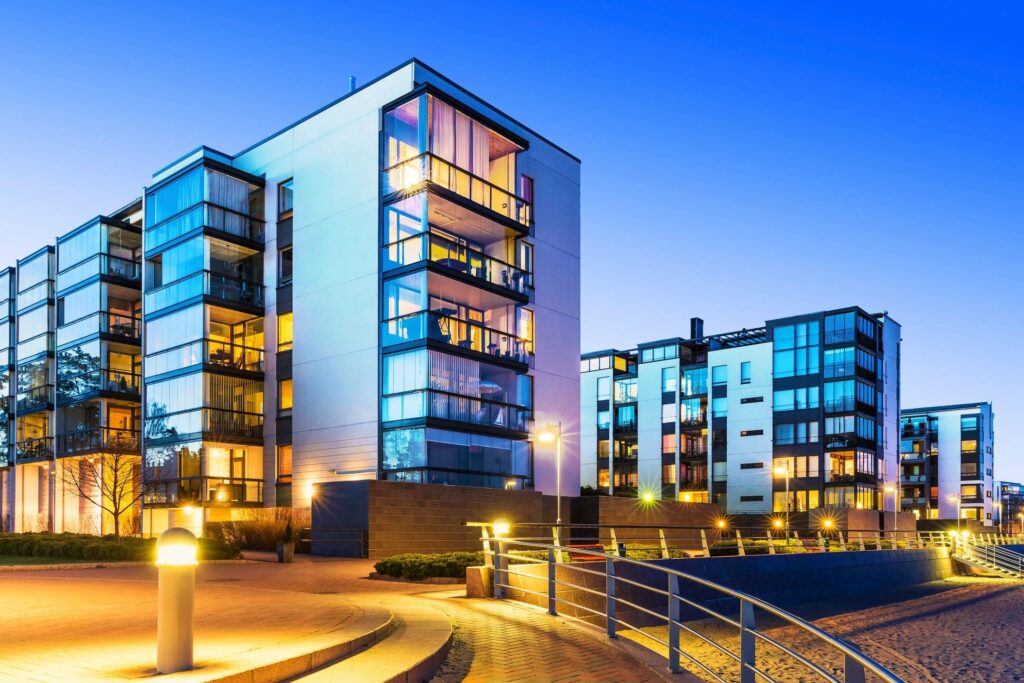Modern commercial office building at dusk