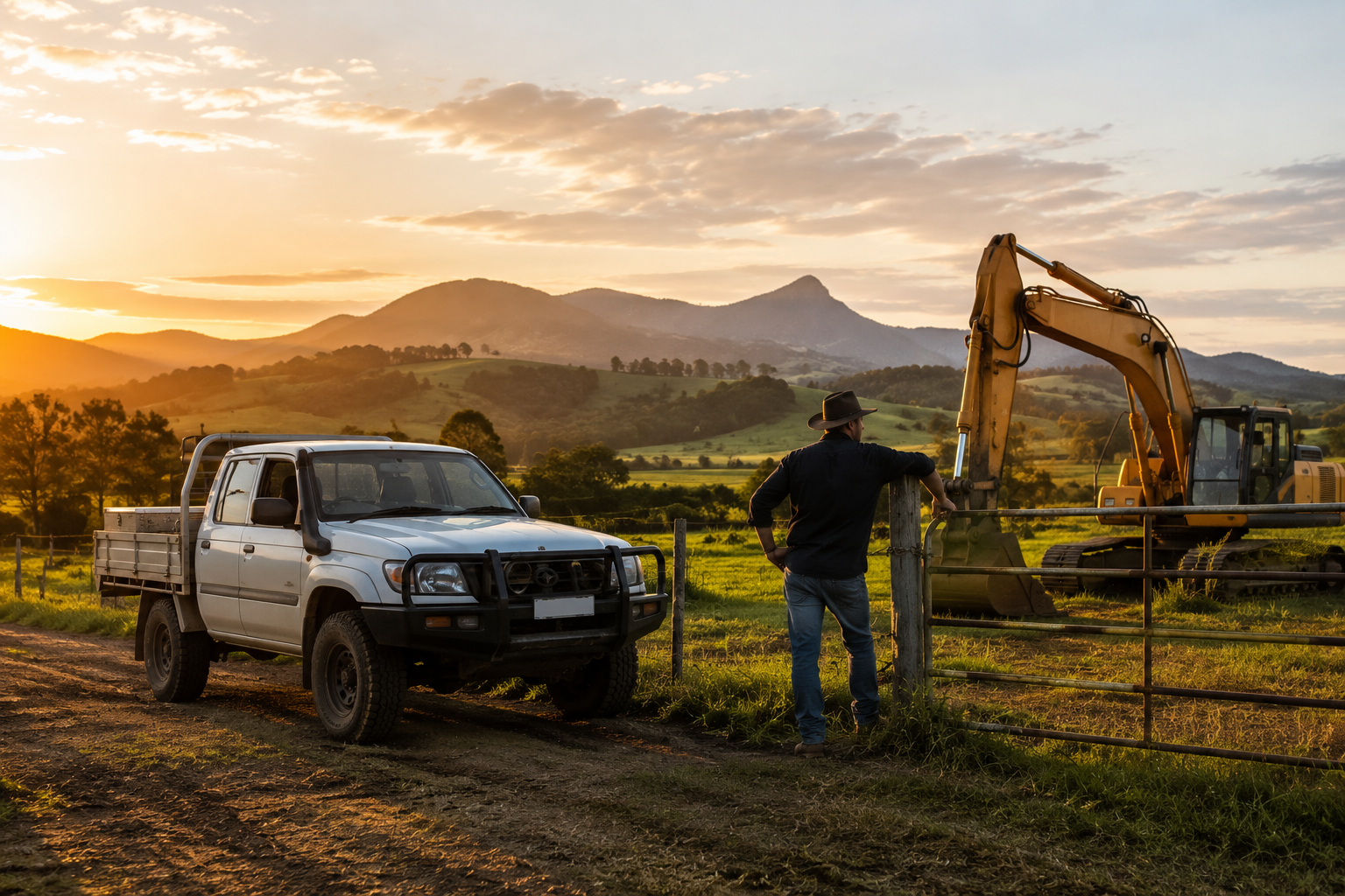 Ute and excavator on a rural worksite